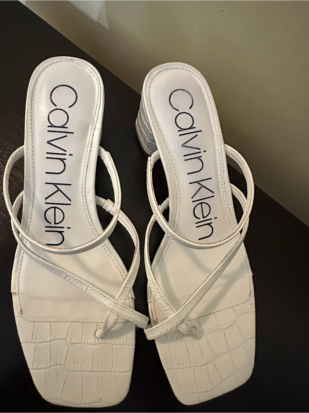 Calvin Klein White Croc-Texture Strappy Block Heels